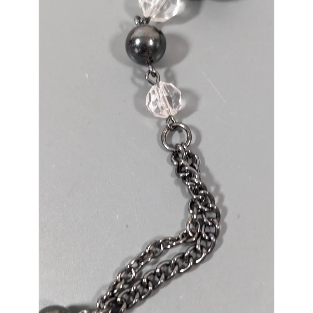 Gunmetal Black & Clear Beaded Necklace Faceted Acrylic Long‎ Layering 30 in